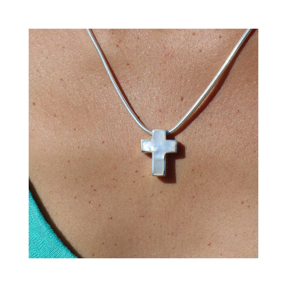 nacre blanche pendentif argent croix femme