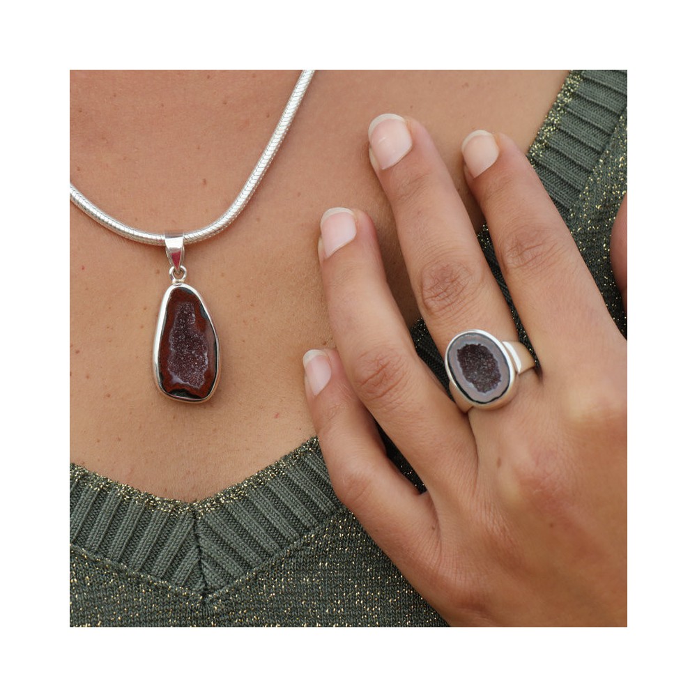 Pendentif en argent 925 serti d'une géode Tabasco naturelle