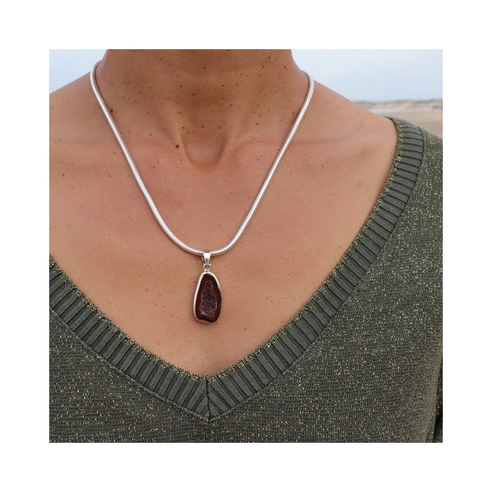 Pendentif en argent 925 serti d'une géode Tabasco naturelle