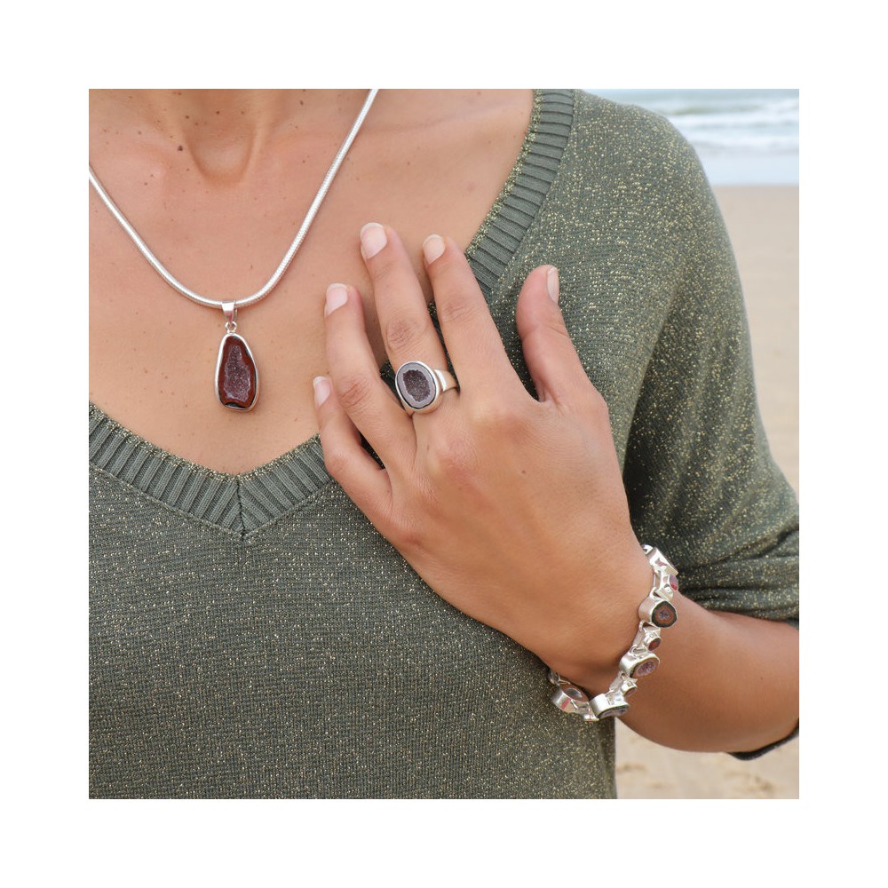 Pendentif en argent 925 serti d'une géode Tabasco naturelle