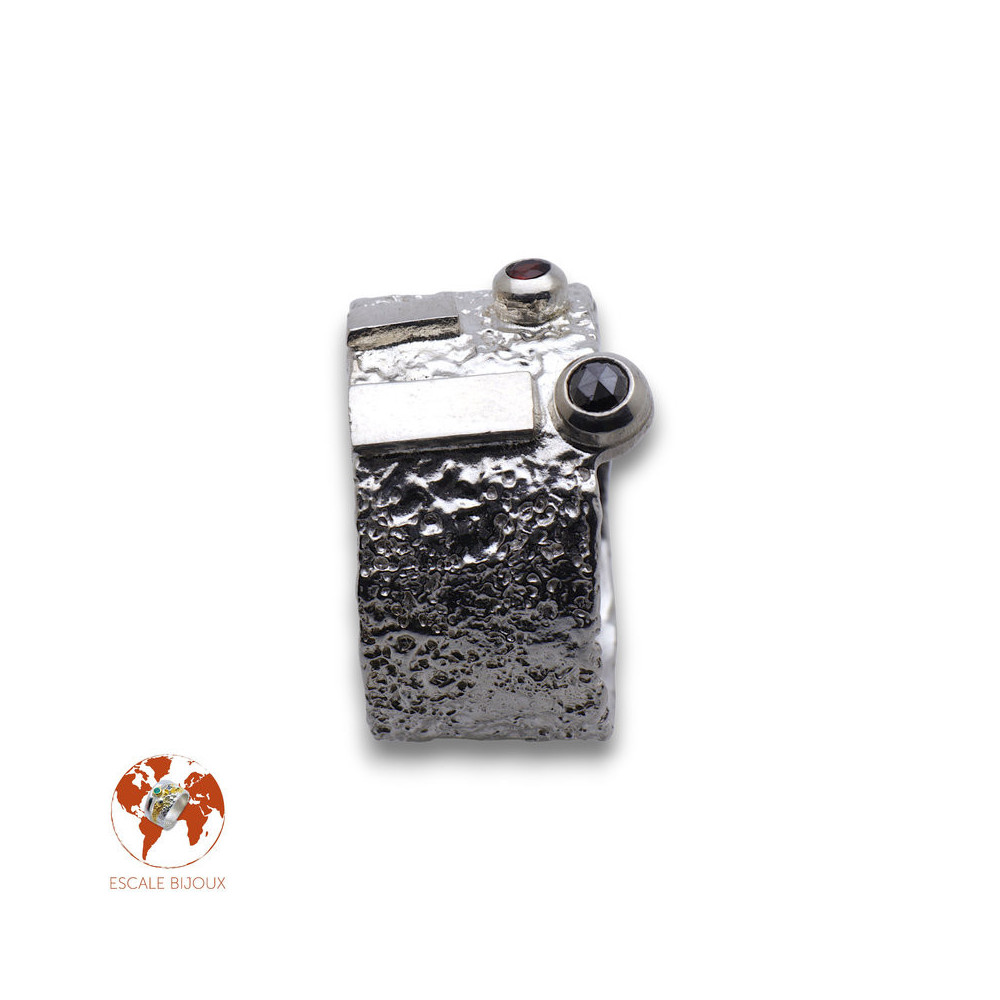 bague argent diamant noir grenat