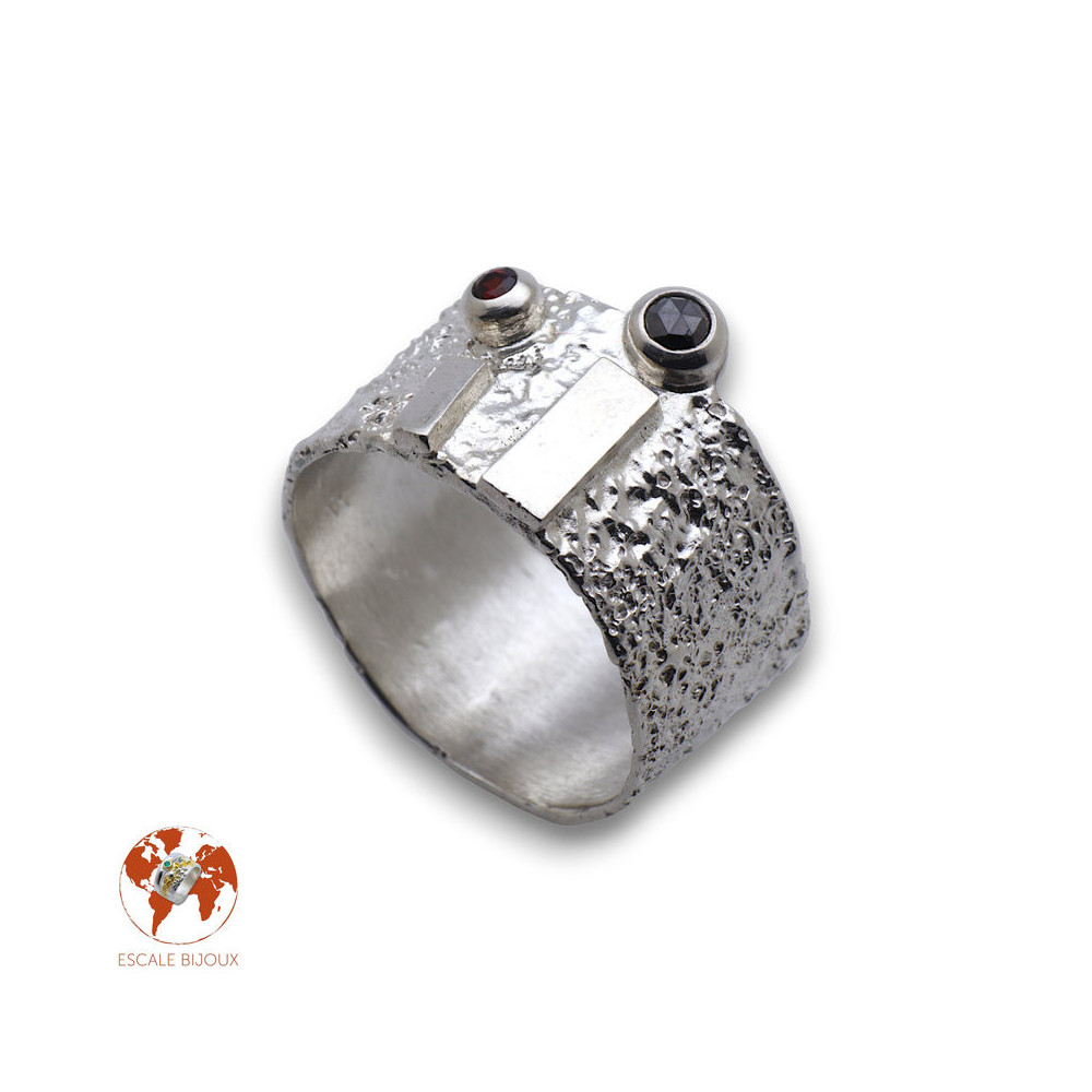 bague argent diamant noir et grenat