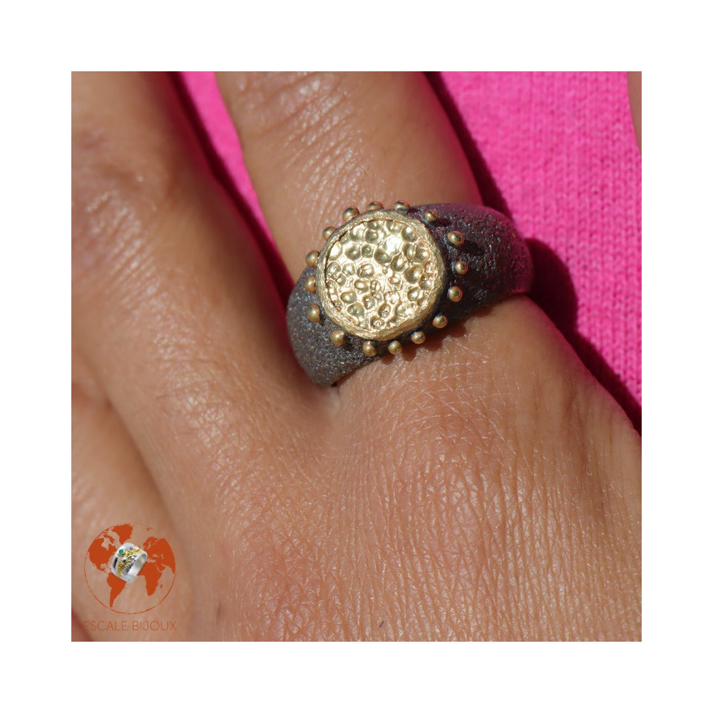 bague argent martelé et or