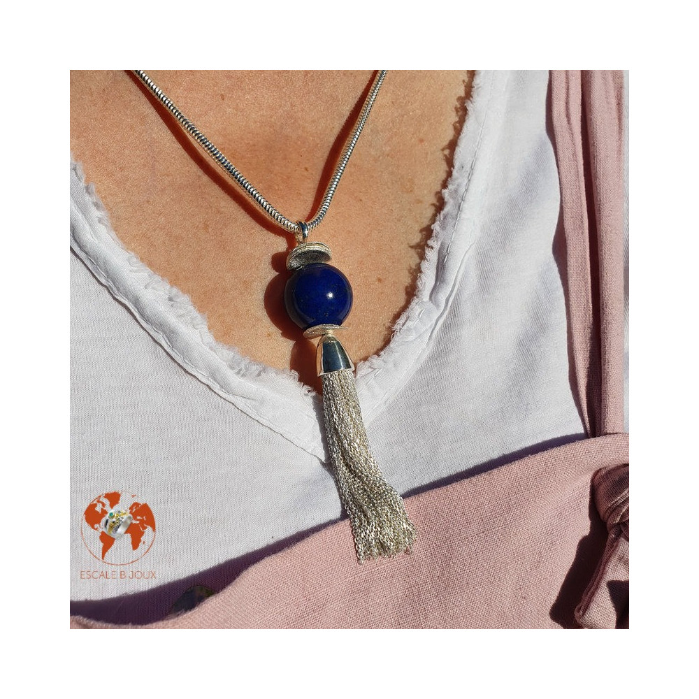 pendentif pompon lapis lazuli argent