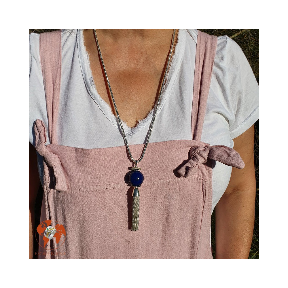 pendentif pompon argent perle lapis lazuli