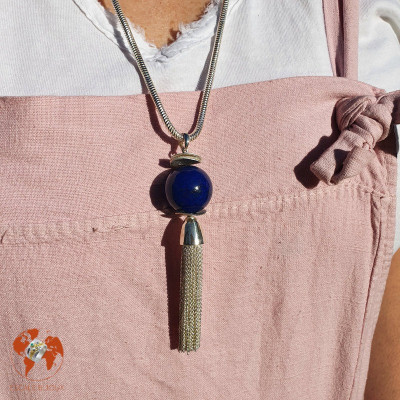 pendentif pompon argent avec perle lapis lazuli