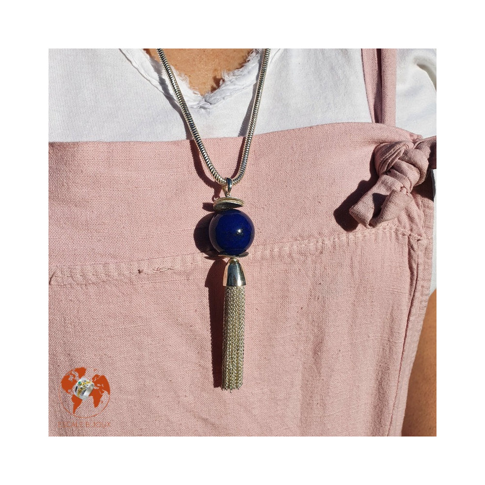 pendentif pompon argent avec perle lapis lazuli
