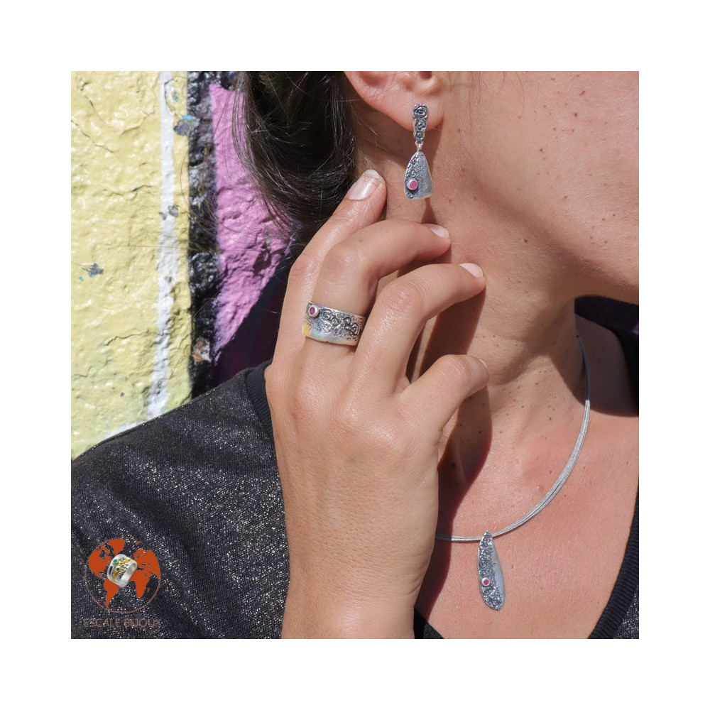 parure boucles bague et pendentif argent et rubis