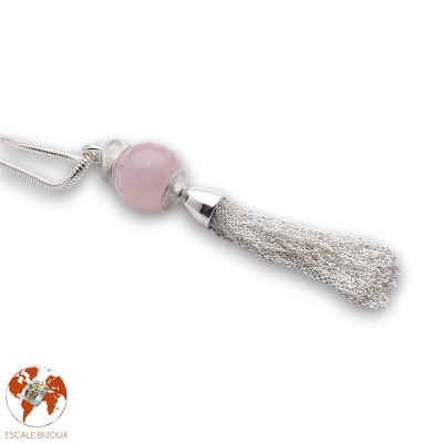 pendentif pompon argent quartz rose