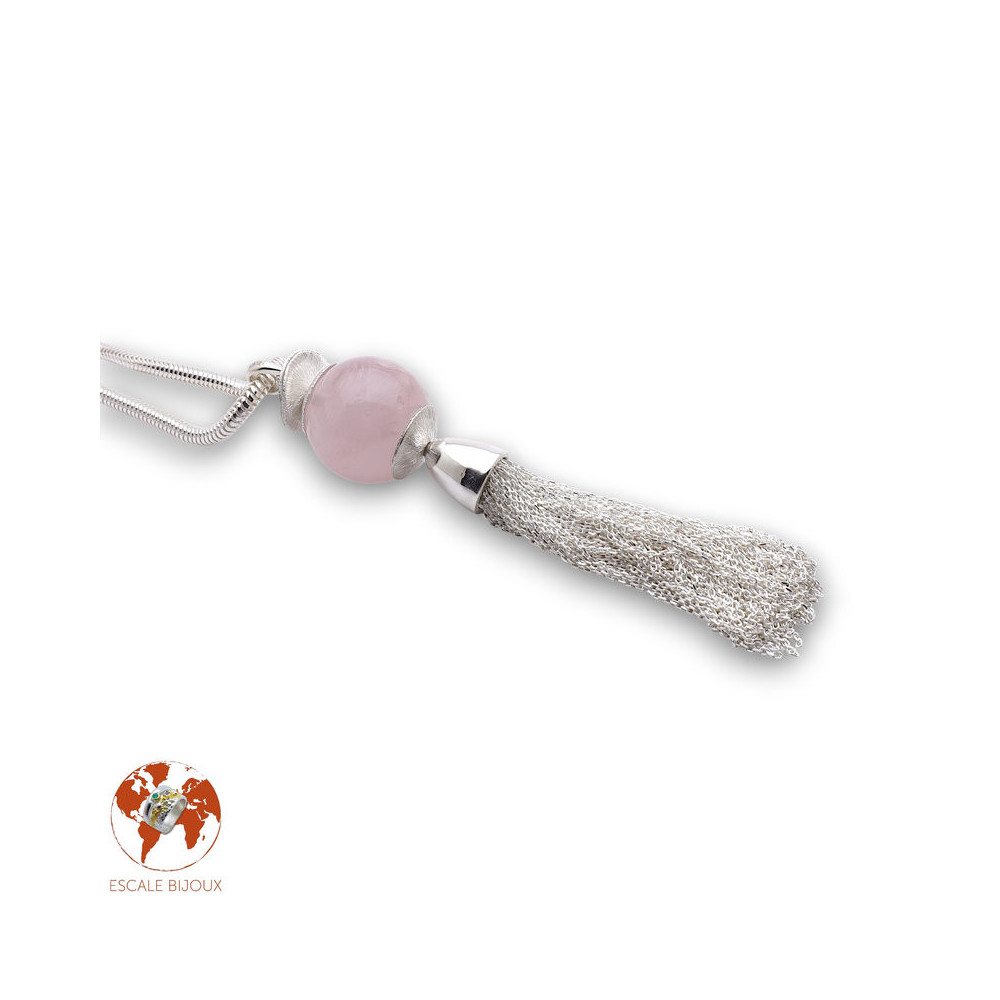 pendentif pompon argent quartz rose