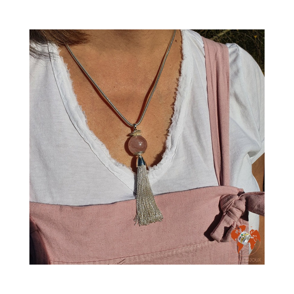pendentif argent quartz rose pompon