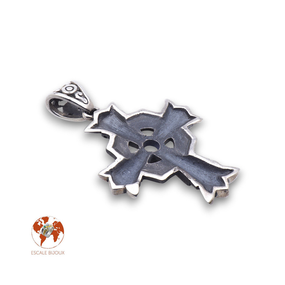 Pendentif stylisé croix en argent sterling et pierre de lune