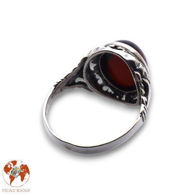 bague argent ambre rouge