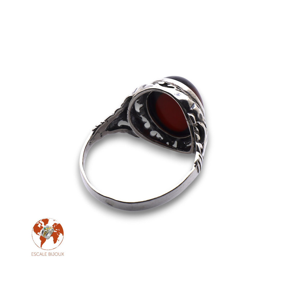 bague argent ambre rouge