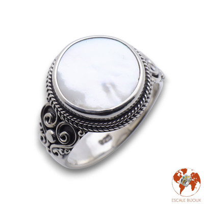 bague argent nacre blanche