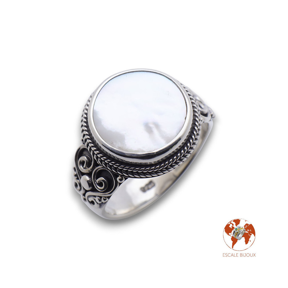 bague argent nacre blanche