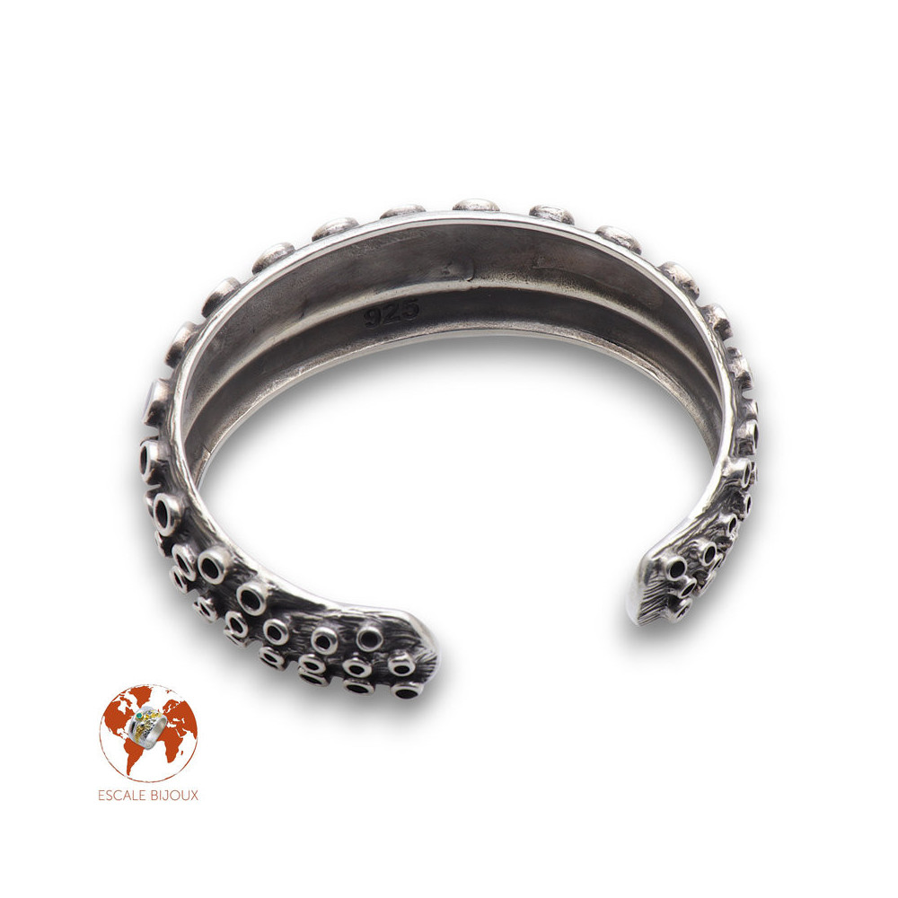 Large bracelet tentacule de pieuvre en argent vieilli et abalone