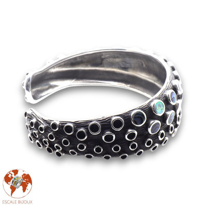Large bracelet tentacule de pieuvre en argent vieilli et abalone