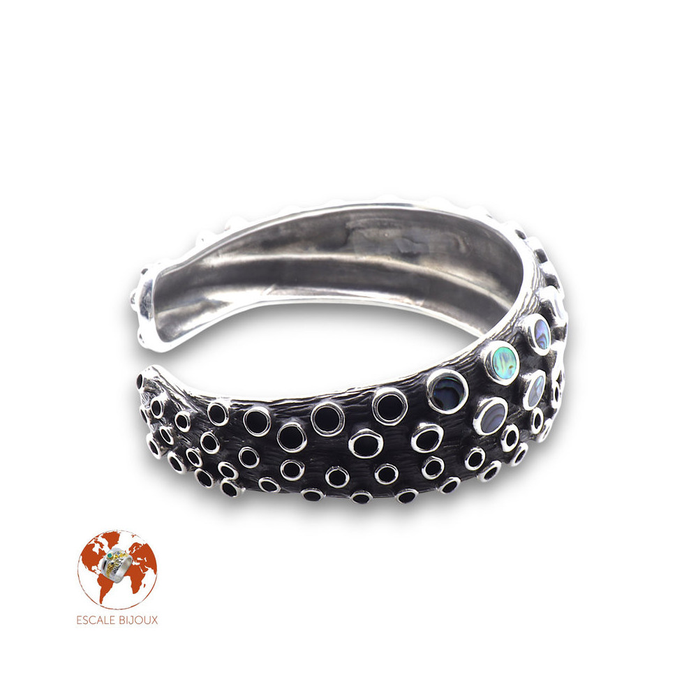 Large bracelet tentacule de pieuvre en argent vieilli et abalone