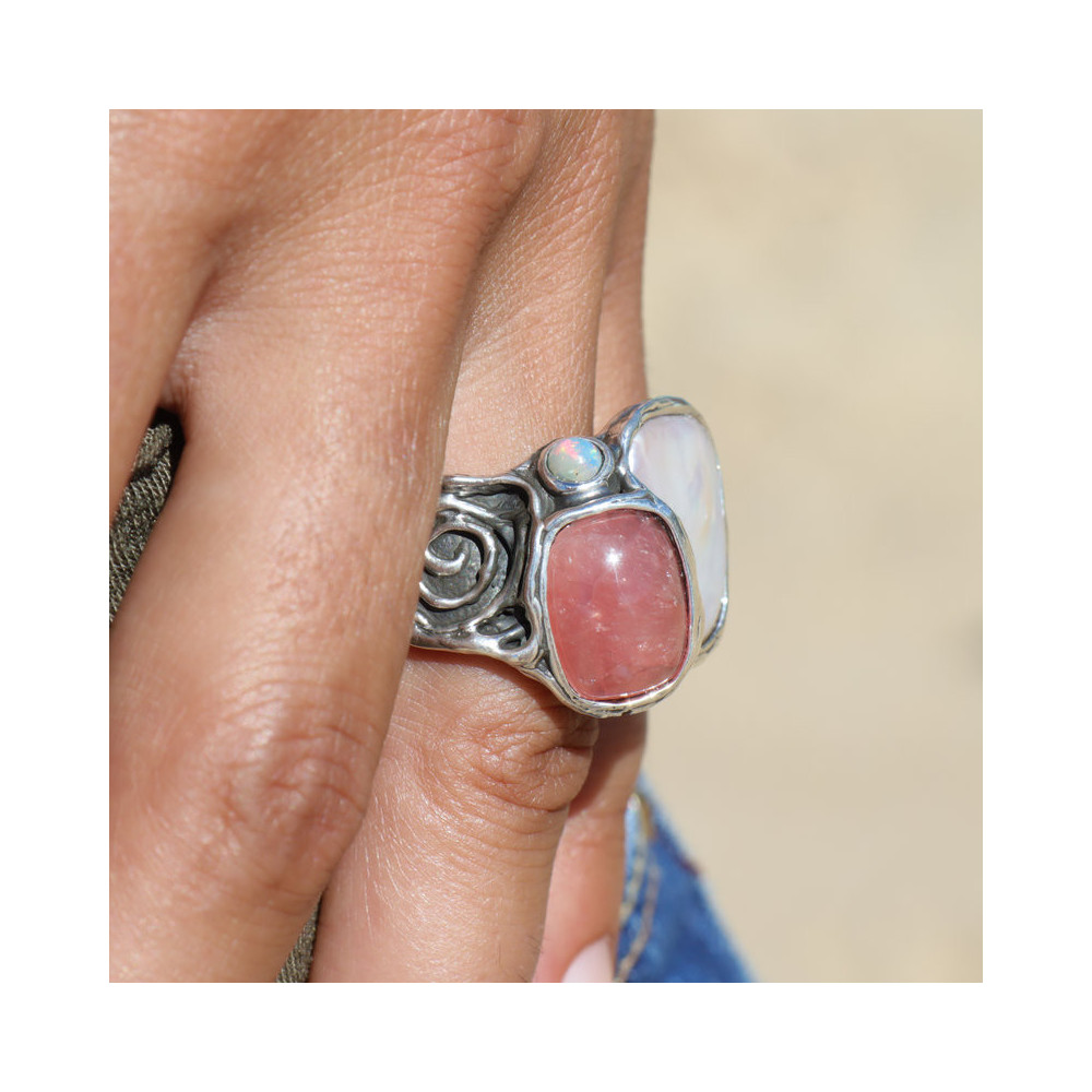bague argent nacre et rhodochrosite