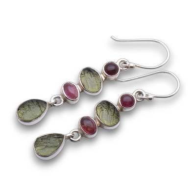 boucles d'oreilles moldavite et tourmaline