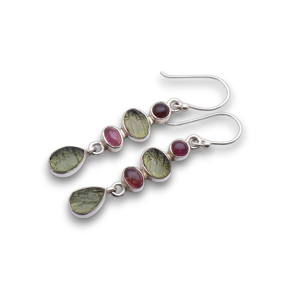 boucles d'oreilles moldavite et tourmaline