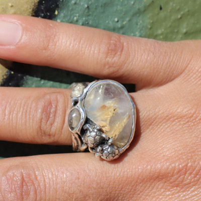bague tortue argent et pierre rutile