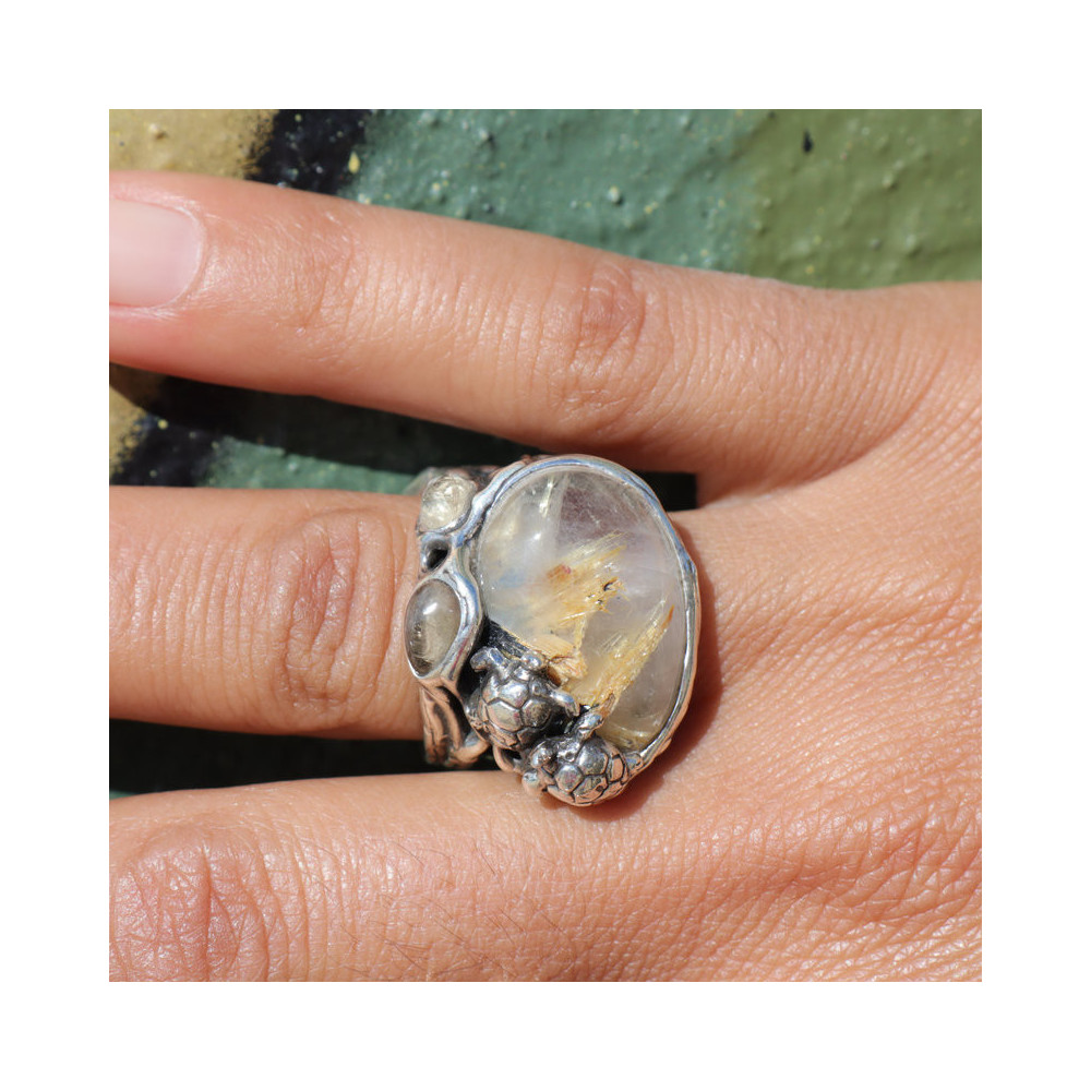 bague tortue argent et pierre rutile
