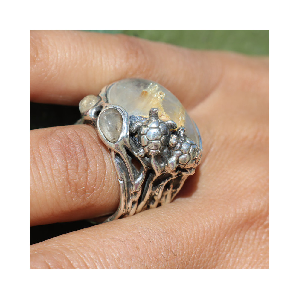 bague tortue argent et pierre naturelle
