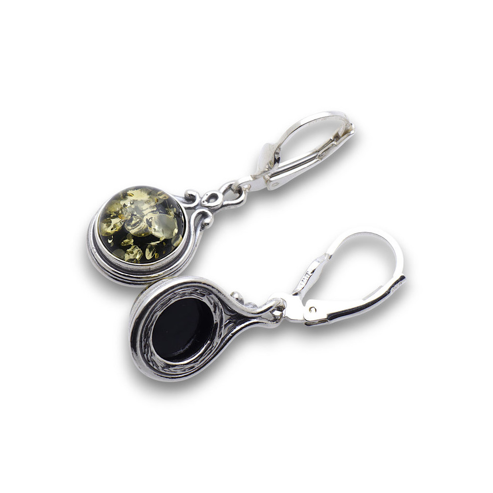 boucles d'oreilles argent et ambre vert