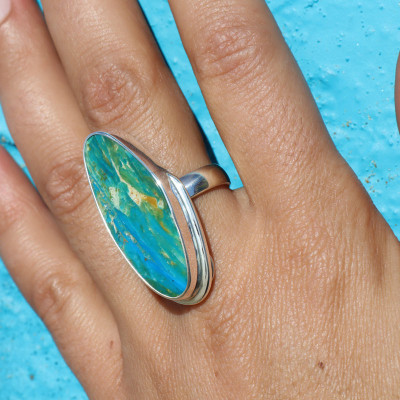 bague argent pierre vert bleu