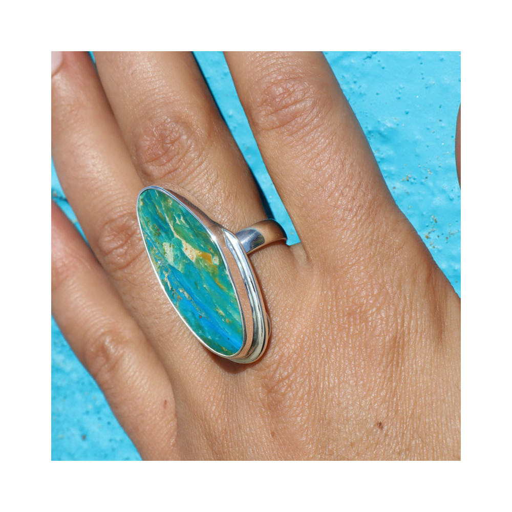 bague argent pierre vert bleu