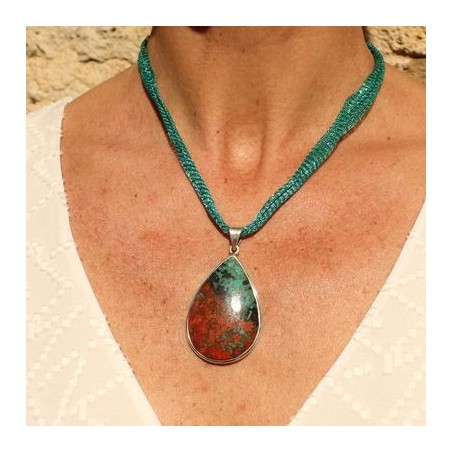 Pendentif Chrysocolle Cuivrée - Argent 925, Matrice Brun, Nuances Bleu Turquoise, Neuf